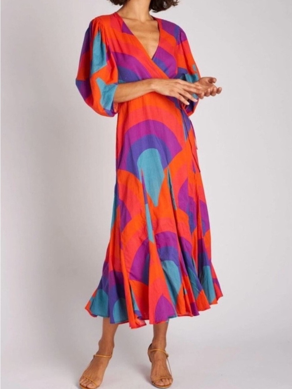 RHODE Orange, Purple & Teal Abstract Wrap Midi Dress